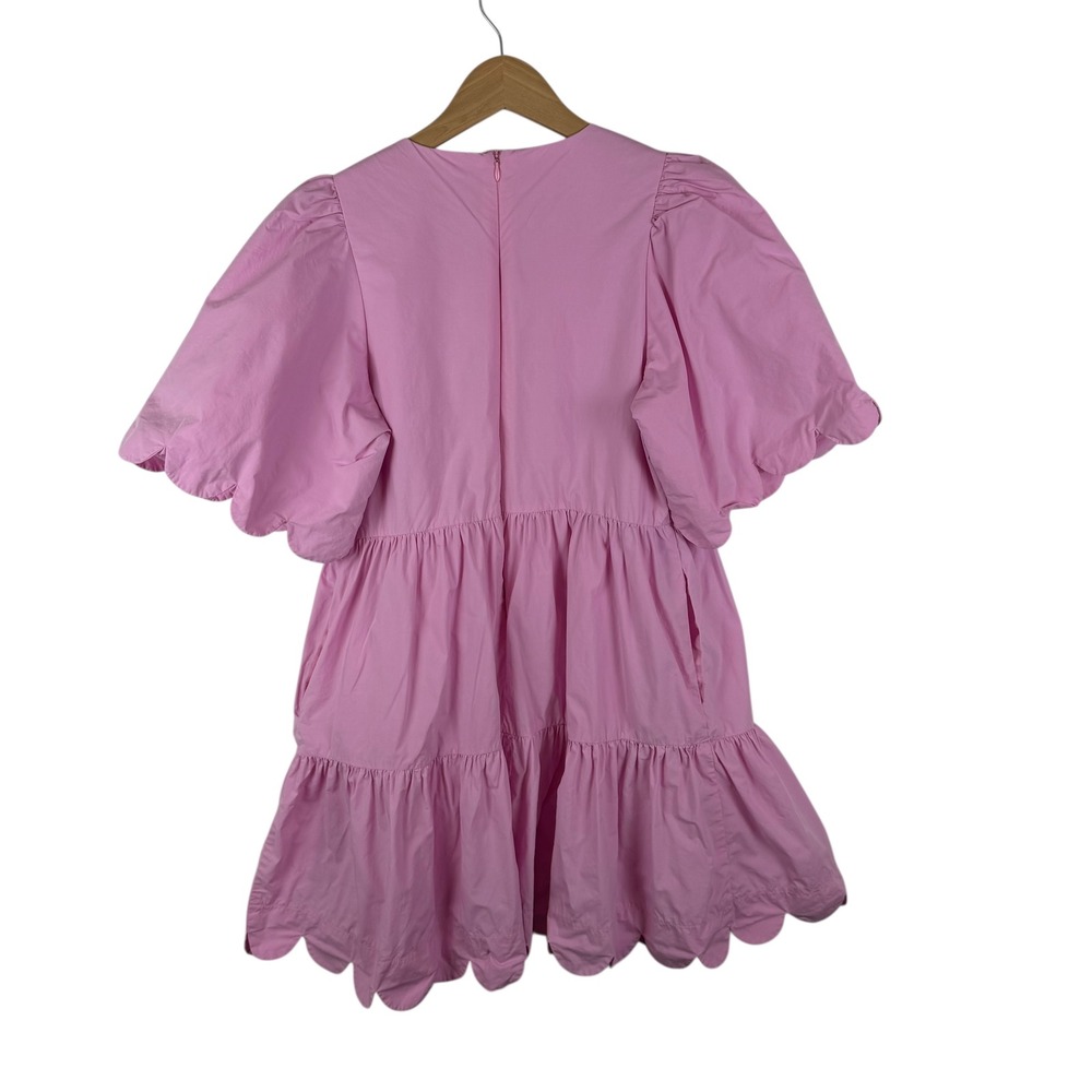 English Factory Pink Scalloped Tiered Mini Dress Small Puff Sleeve Preppy Cotton - Picture 6 of 12